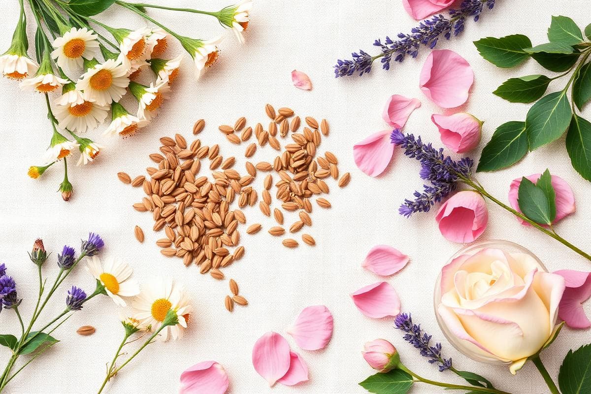 Fresh botanical ingredients — chamomile, rosehip, lavender, and rose petals
