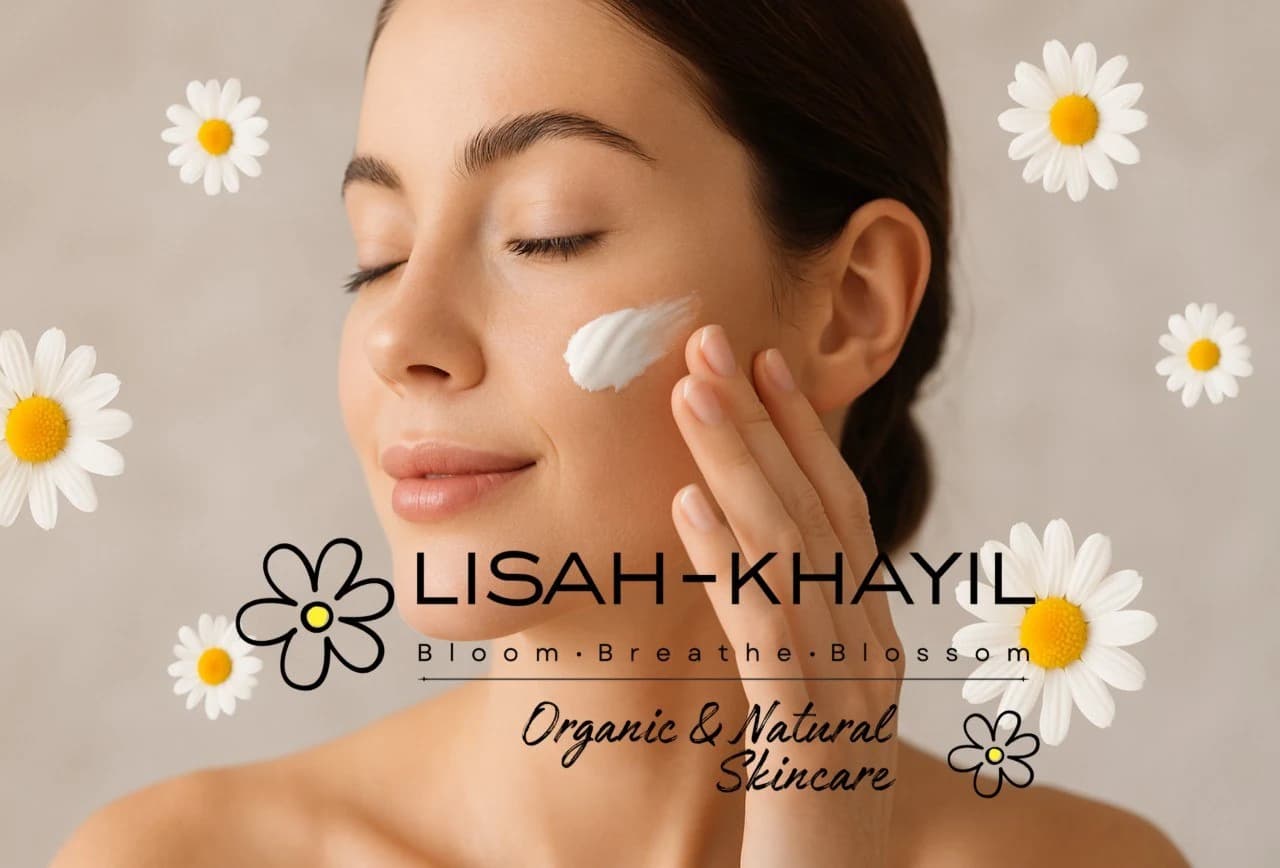 Lisah-Khayil organic skincare products arranged on silk with white orchids and botanical ingredients