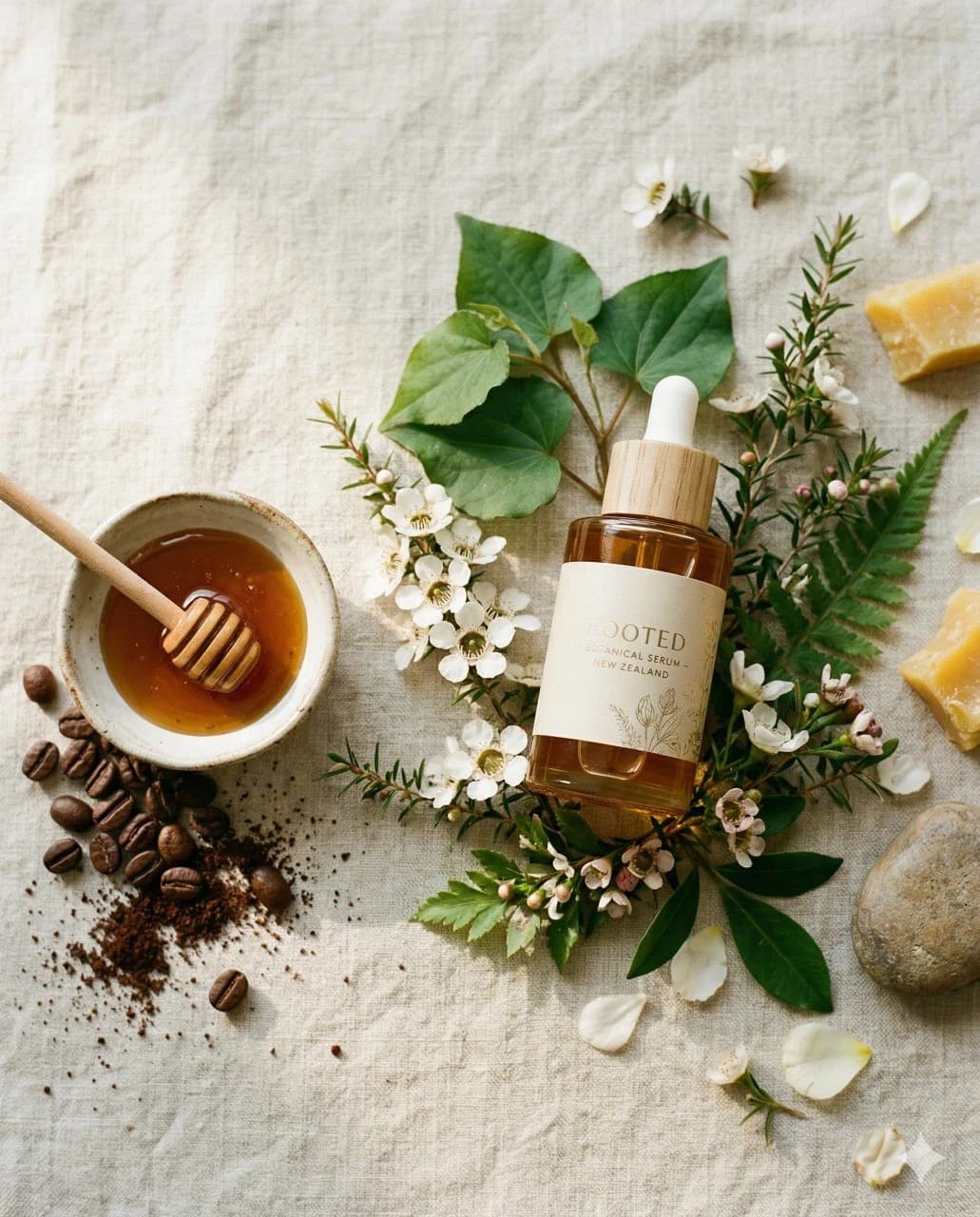 Botanical skincare bottle styled with flowers, leaves and natural ingredients in a premium editorial flat lay