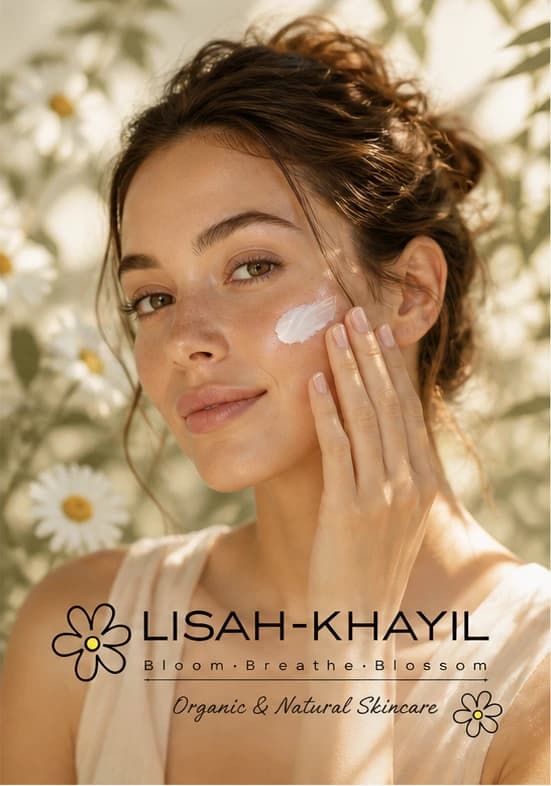 Lisah-Khayil natural and botanical skincare model applying cream with brand logo